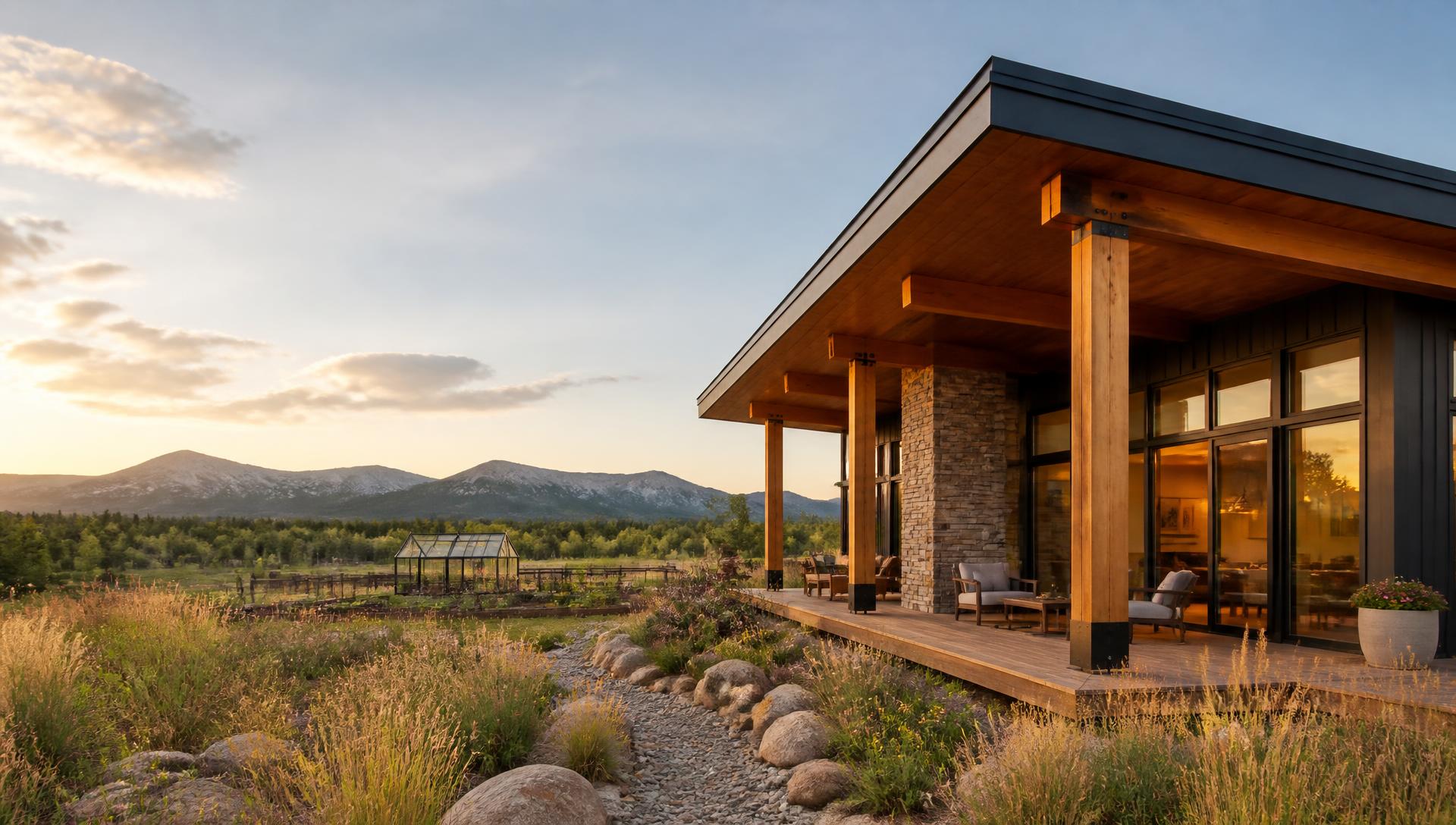 Colorado mountain home with a broad protective roof, south-facing glass, native landscape, rain garden stream, greenhouse, and site sketches on a weathered wood table at golden hour